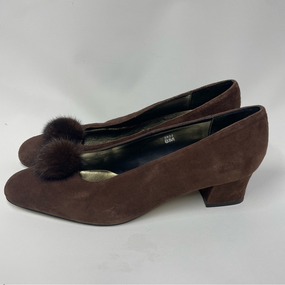 J. RENEE Brown Suede Leather Heel Pumps with Mink Fur Puff Ball Sz. 8 M - Picture 3 of 8